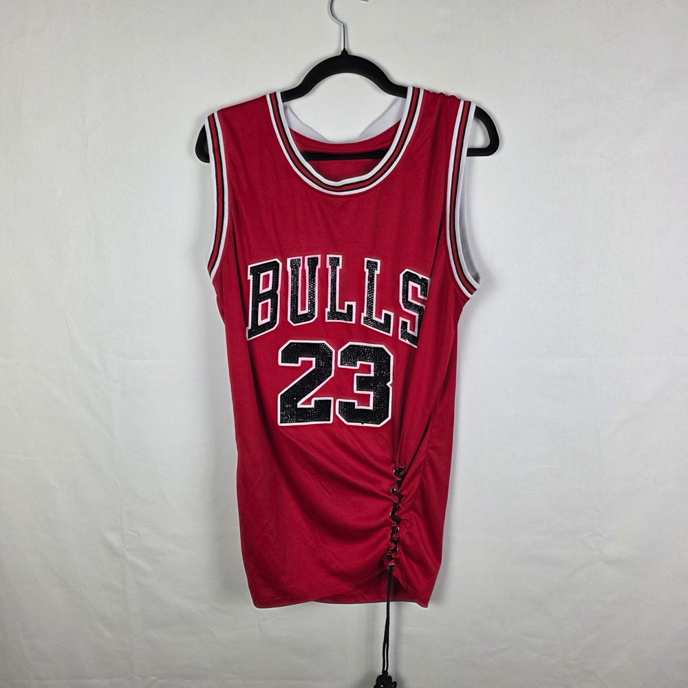Chicago Bulls Michael Jordan 23 Sequin Lace Up Jersey Dress Red Womens L